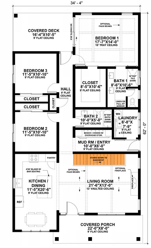 Plan 420190WNT: Expandable Contemporary Mountain House Plan with Stunning Timber Porch Under 1800 Sq Ft - Floor Plan - Main Level - Basement Stairs - Craftsman, Mountain