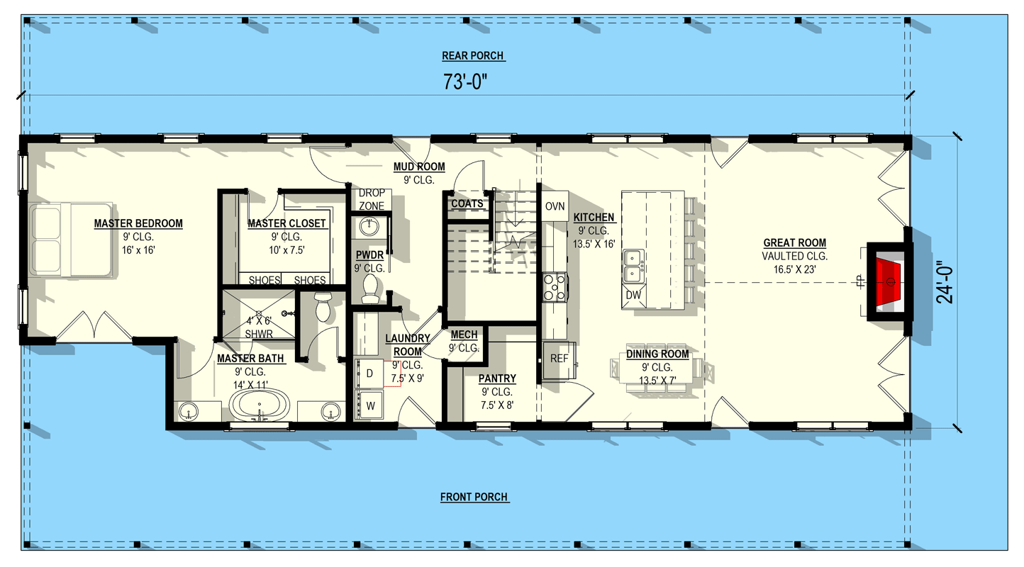 Plan 405143FDC: Modern Barndominium House Plan with 2 Beds, Vaulted Great Room, Expansive Porch - Floor Plan - Main Level - Barndominium, Farmhouse