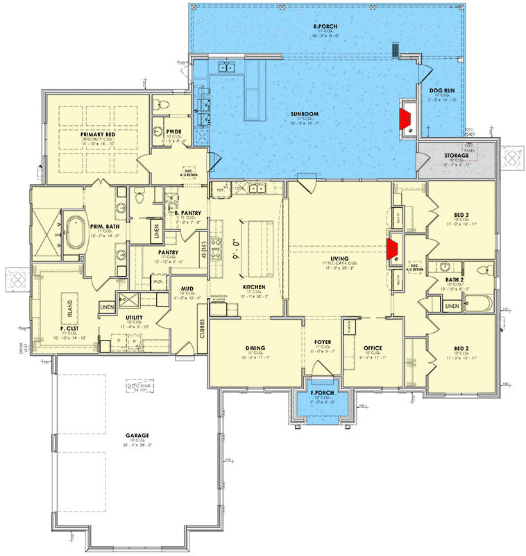 Plan 185031PHD: Elegant Southern Traditional House Plan with Sunroom and Outdoor Kitchen - Floor Plan - Main Level - Southern Traditional, Traditional
