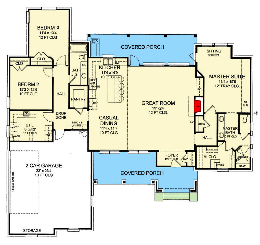 Plan 54052LK: French Country House Plan with 3 Beds and Covered Porch - Floor Plan - Main Level - European, French Country, Traditional