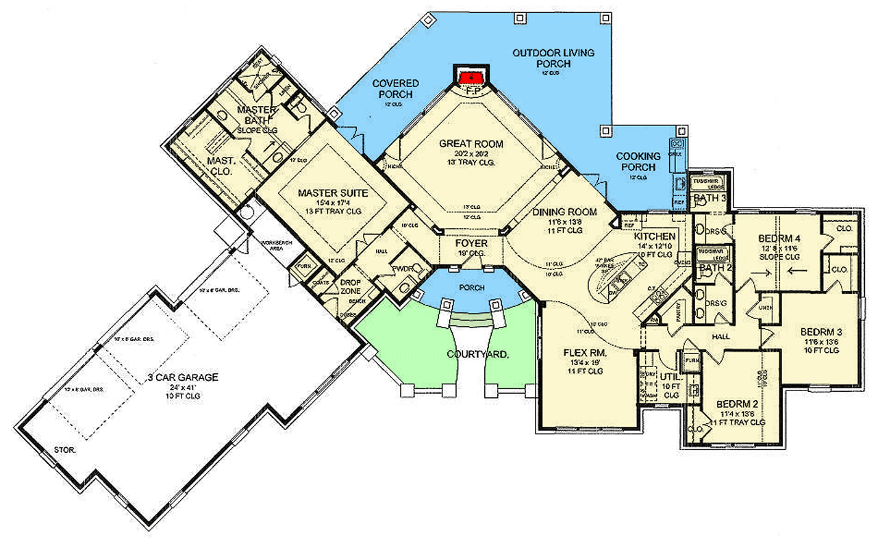 Plan 54056LK: Spanish House Plan with 4 Bedrooms and Angled 3-Car Garage - Floor Plan - Image #7 - Mediterranean, Spanish