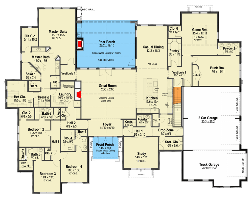 Plan 54073LK: Expansive Craftsman Ranch House Plan with 4 Bedrooms and Outdoor Kitchen - Floor Plan - Image #5 - Craftsman, Mountain, Ranch, Traditional