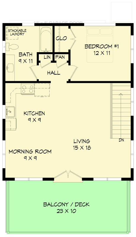 Plan 680660VR: Modern 1-Bed Garage Plan with Balcony Living - Floor Plan - Image #8 - Contemporary