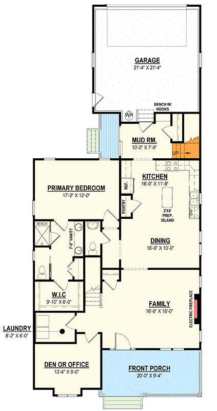 Plan 83682CRW: Modern Farmhouse House Plan with 3-4 Beds and Bonus Room - Floor Plan - Main Level - Room Above Garage Stairs Loc. ($ Paid Option) - Country, Farmhouse, Modern Farmhouse