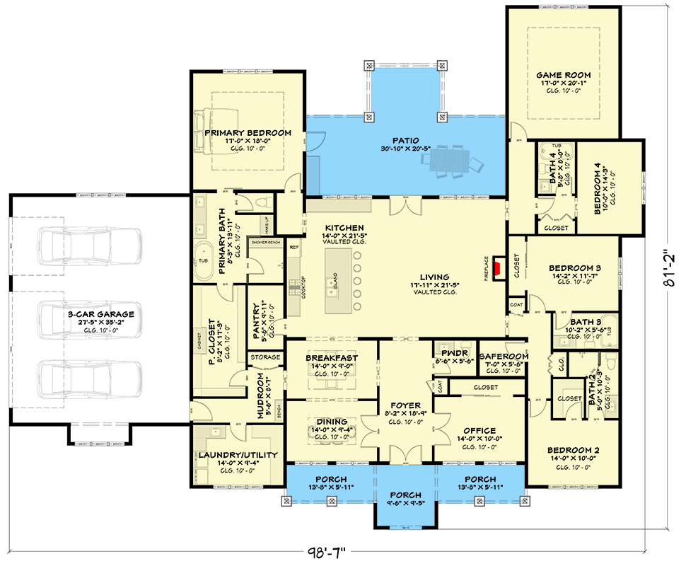 Plan 850030PKE: Modern Transitional House Plan with 4 Split Bedrooms and 3-Car Garage - Floor Plan - Main Level - Contemporary, Modern, Transitional
