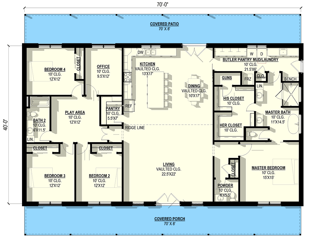 Plan 405149FDC: Spacious 4-Bedroom Barndominium Farmhouse House Plan with Covered Porches - Floor Plan - Main Level - Barndominium, Farmhouse