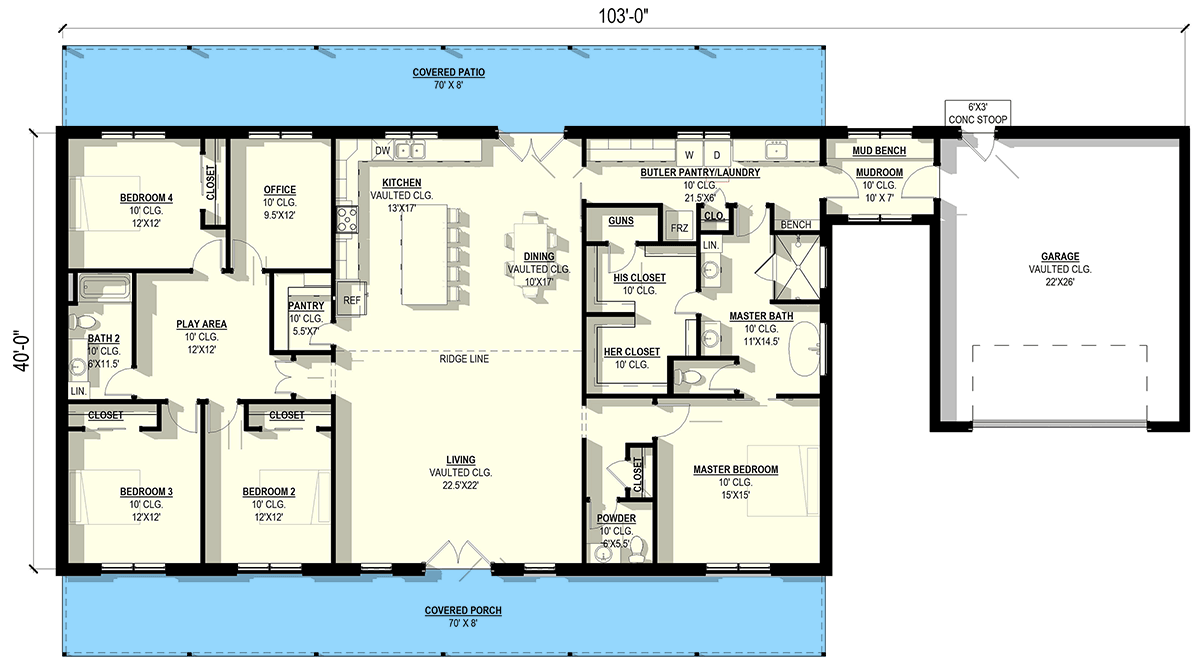 Plan 405150FDC: Barndominium Farmhouse House Plan with 4 Beds and 2-Car Garage - Floor Plan - Main Level - Barndominium, Farmhouse
