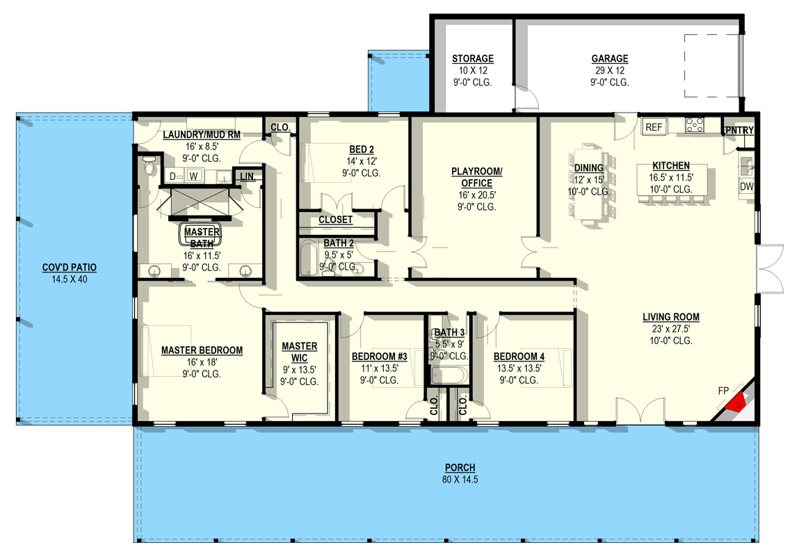 Plan 405155FDC: Barndominium Farmhouse House with 4 Bedrooms and Covered Patio - Floor Plan - Main Level - Barndominium, Farmhouse