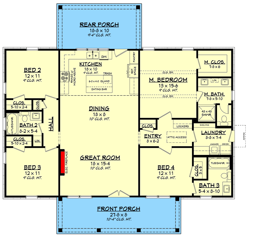 Plan 52041HZ: Country Farmhouse House Plan with 4 Beds, 3 Baths, and Dual Porches - Floor Plan - Main Level - Country, Farmhouse, Traditional