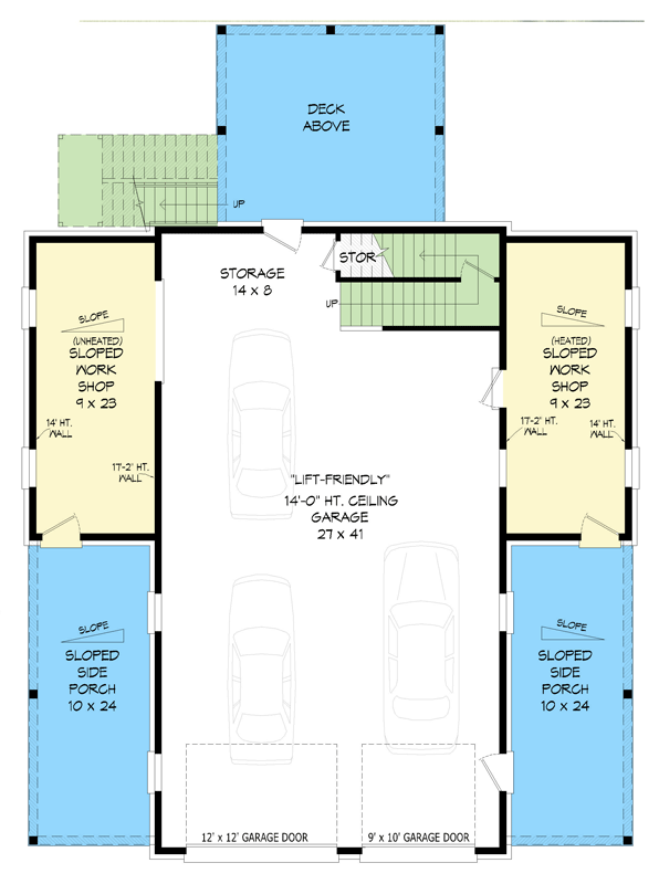 Plan 680681VR: 2-Bed Carriage House Plan with 4-Car RV Garage and Dual Workshop - Floor Plan - Main Level - Barndominium, Carriage, Modern Farmhouse