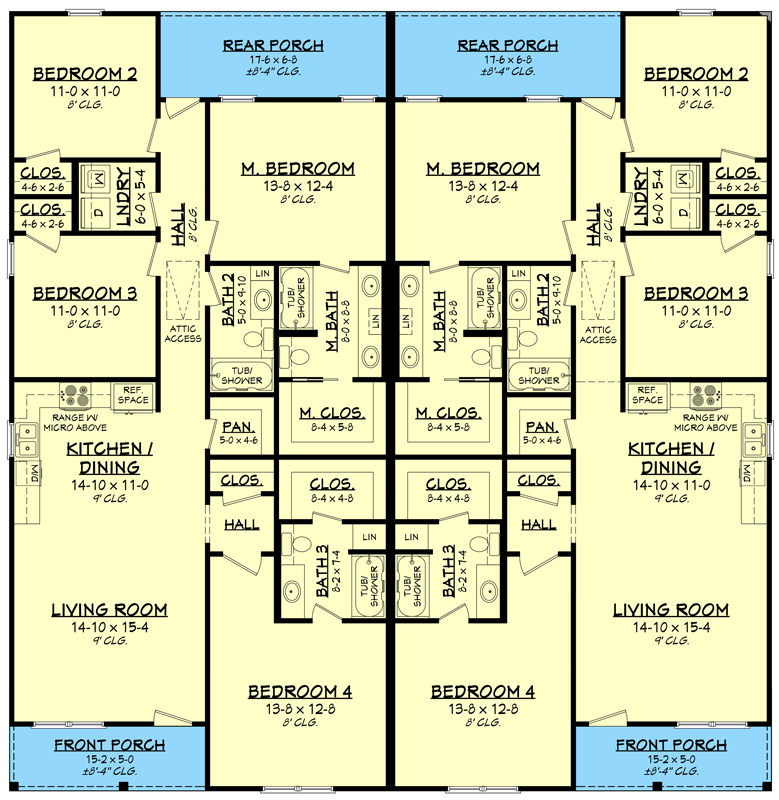 Plan 52044HZ: Country Craftsman Duplex with 4-Bed, 3-Bath Units Under 1600 Square Feet  - Floor Plan - Image #9 - Country, Craftsman, Modern Farmhouse, New American, Traditional