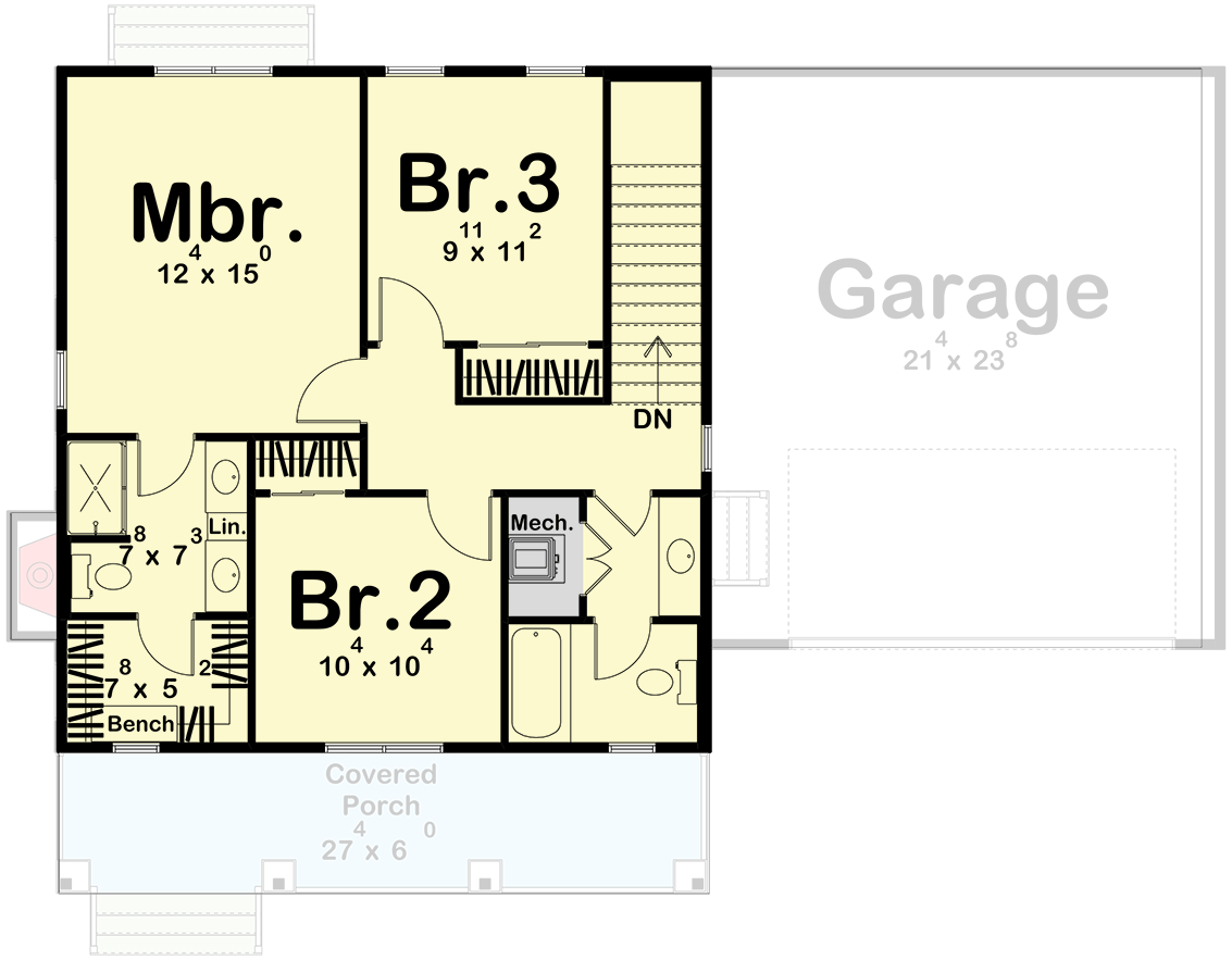 Plan 623644DJ: 3-Bedroom Traditional Farmhouse House Plan with 2-Car Garage - Floor Plan - Second Floor - Basement Option - Farmhouse, Traditional