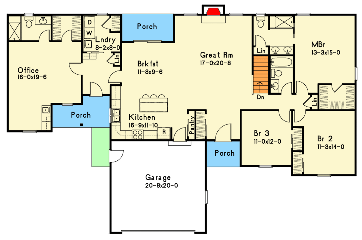 Plan 22198SL: Traditional Ranch House Plan with 3 Bedrooms and Home Office - Floor Plan - Image #5 - Ranch, Traditional