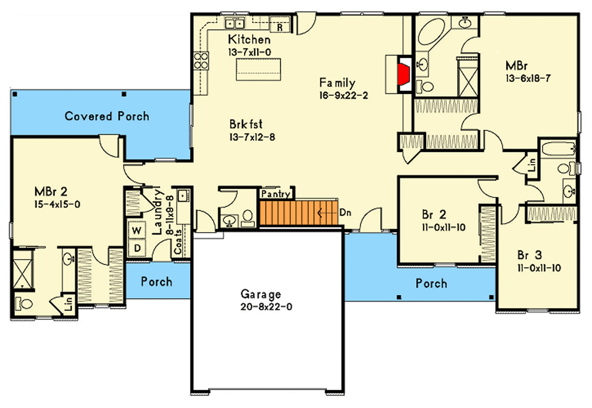 Plan 22199SL: Traditional Ranch House Plan with 4 Beds and Dual Suites - Floor Plan - Image #5 - Ranch, Traditional