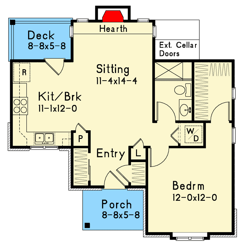 Plan 22204SL: Cottage House Plan with 1 Bedroom and 703 Sq Ft - Floor Plan - Image #2 - Cottage, Rustic, Vacation