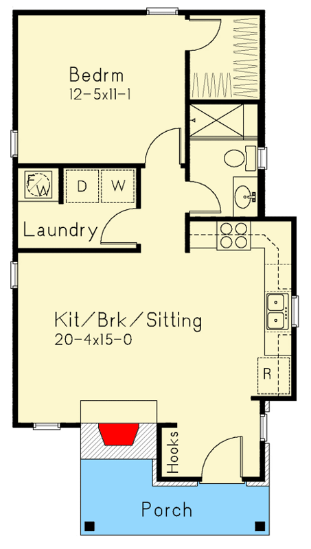 Plan 22205SL: One Bedroom Vacation Cottage House Plan with Breakfast Nook - Floor Plan - Image #5 - Cabin, Cottage, Rustic, Vacation