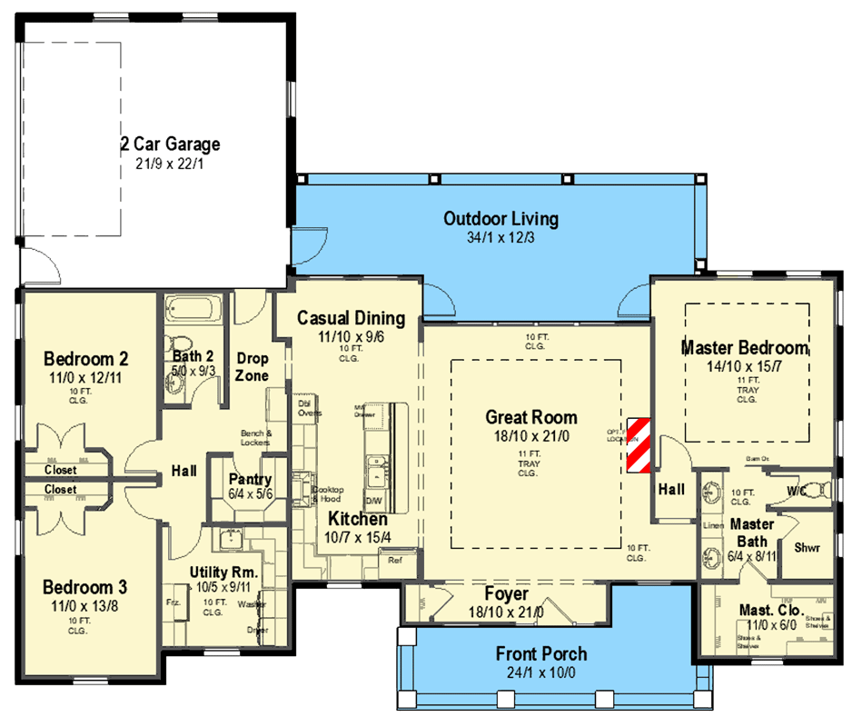 Plan 54076LK: Southern Ranch House Plan: 3 Beds, Split Layout, and Inviting Porches - Floor Plan - Image #5 - Ranch, Southern
