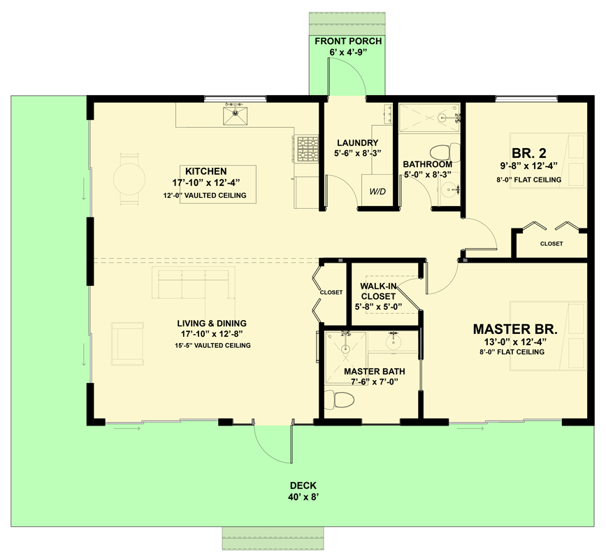 Plan 337012JUN: Modern Mountain Retreat House Plan with Loft and Vaulted Ceilings - Floor Plan - Main Level - Cabin, Contemporary, Cottage, Modern