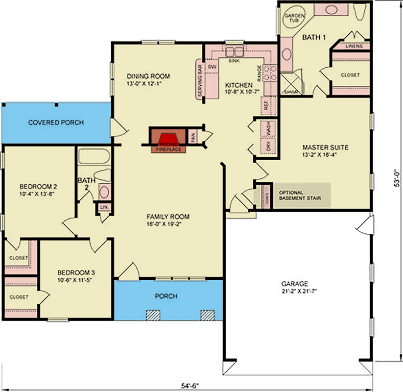 Plan 25948GE: Three Bedroom Traditional Ranch House Plan with Two Car Garage - Floor Plan - Image #7 - Ranch, Traditional