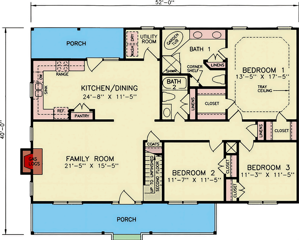 Plan 25949GE: Three Bedroom Country Ranch House Plan with Optional Bonus Room - Floor Plan - Image #7 - Country, Ranch, Traditional