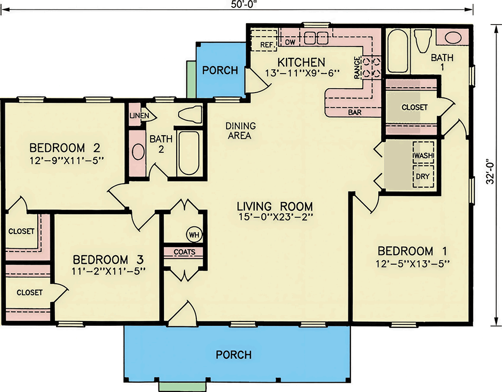 Plan 25952GE: Three Bedroom Traditional Ranch House Plan with Inviting Front Porch - Floor Plan - Image #7 - Ranch, Traditional
