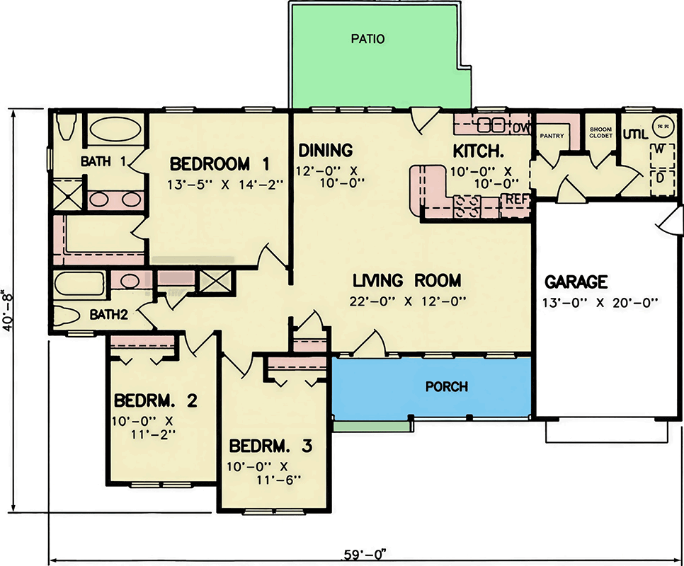 Plan 25953GE:  Three Bedroom Traditional Ranch House Plan with One Car Garage - Floor Plan - Image #7 - Ranch, Traditional