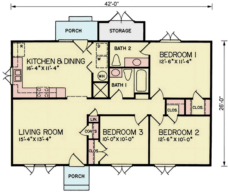 Plan 25954GE: Charming Three Bedroom Traditional Ranch House Plan with 1092 Square Feet - Floor Plan - Image #7 - Ranch, Traditional