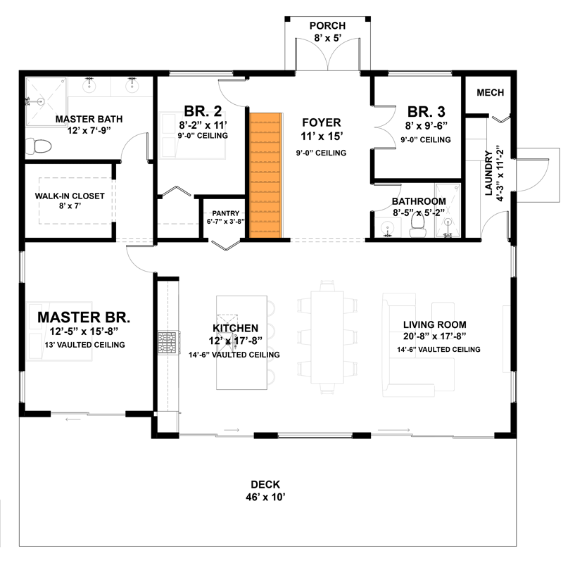 Plan 337013JUN: Modern 3 Bed 3 Bath 1540 Sq Ft Contemporary House Plan with Vaulted Ceilings - Floor Plan - Optional Basement Stairs Location - Contemporary, Mid Century Modern, Modern, Mountain