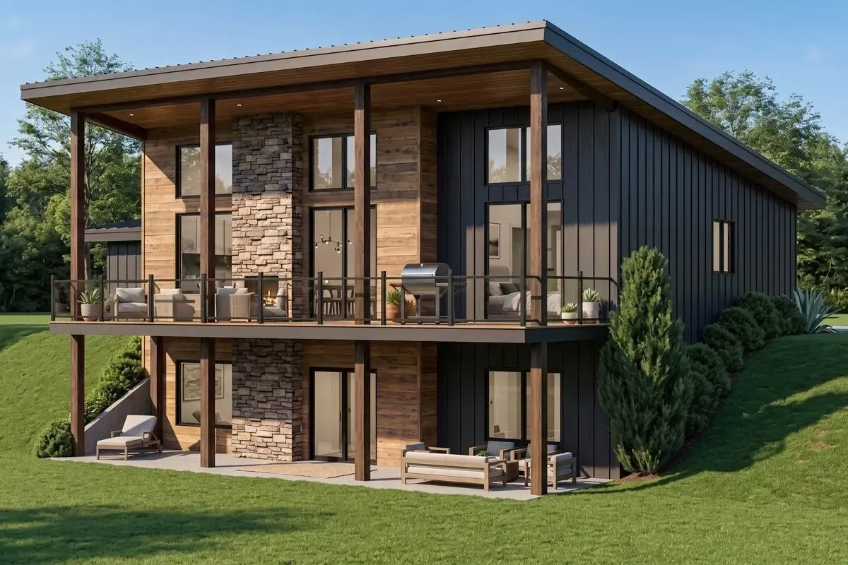 Contemporary 2-Bedroom House Plan with Walkout Basement and Expansive Deck