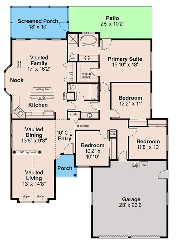 Plan 720186DA: Mediterranean Ranch House Plan with 4 Bedrooms and 2 Car Garage - Floor Plan - Main Level - Mediterranean, Ranch, Southwest