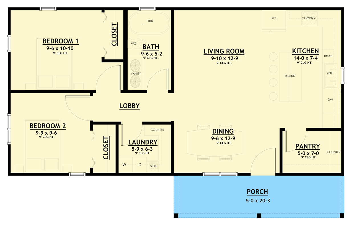 Plan 850032PKE: 800 Sq Ft Ranch House Plan with 2 Bedrooms and Welcoming Porch - Floor Plan - Image #5 - Ranch