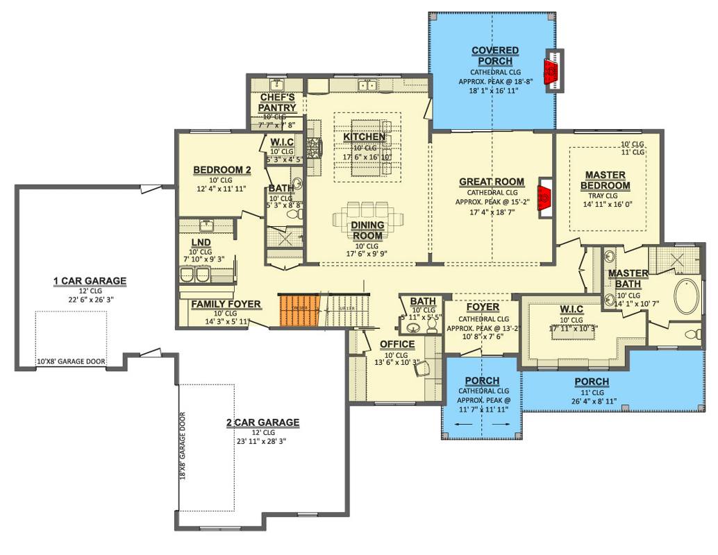 Plan 911071JVD: Modern Farmhouse House Plan with 2 Flexible Bedrooms and 3-Car Garage - Floor Plan - Main Level - Cottage, Country, Modern Farmhouse
