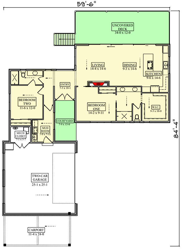 Plan 95369RW: Contemporary 2-Bedroom House Plan with Mid Century Modern and Modern Accents - Floor Plan - Image #3 - Contemporary, Mid Century Modern, Modern