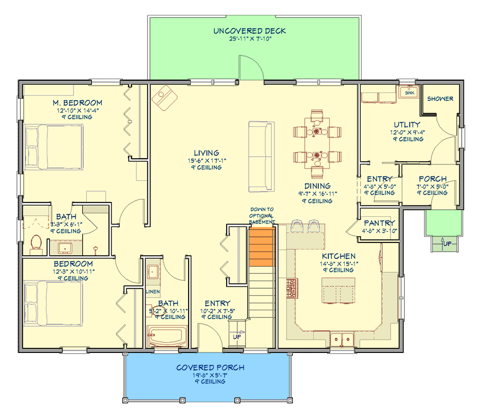 Plan 744524ABR: Charming 2-Bedroom 2-Bath Ranch House Plan with 1615 sq ft and 9' Ceilings - Floor Plan - Image #6 - Craftsman, Farmhouse, Southern, Traditional