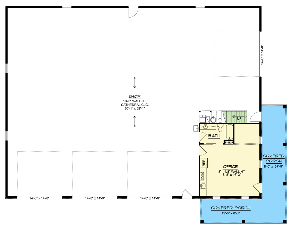 Plan 135428GRA: Barndominium House Plan with Massive Workshop and Versatile Loft - Floor Plan - Main Level - Barndominium, Country, Craftsman, Farmhouse, New American
