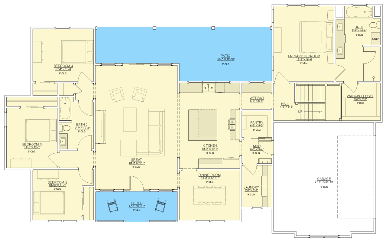 Plan 744526ABR: Craftsman Farmhouse House Plan with Four Bedrooms and Bonus Space - Floor Plan - Main Level - Craftsman, Farmhouse, New American, Southern