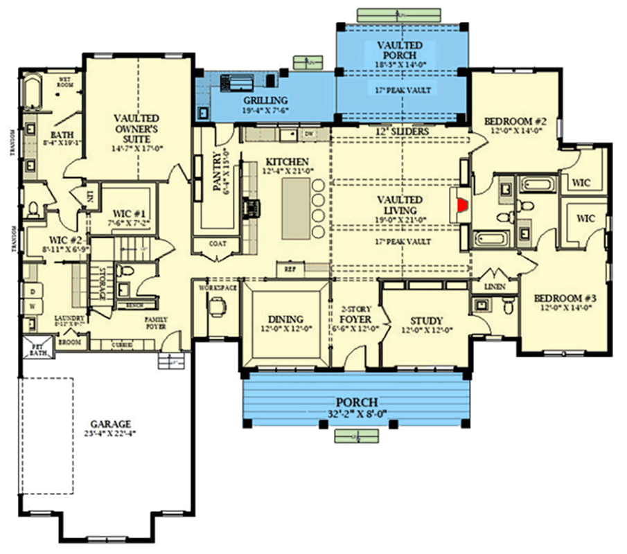 Plan 46537LA: Modern Farmhouse House Plan with 3 Bedrooms and Vaulted Living Areas - Floor Plan - Image #5 - Country, Farmhouse, Modern Farmhouse, Southern
