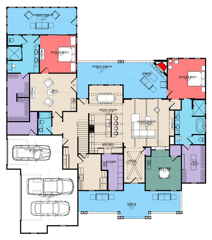 Plan 86420HH: Country Farmhouse House Plan with Four Bedrooms and Two Master Suites - Floor Plan - Main Level - Country, Modern Farmhouse, New American, Ranch