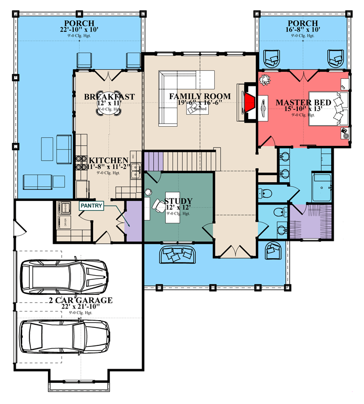 Plan 86422HH: New American Traditional House Plan with Four Bedrooms and Expansive Porches - Floor Plan - Main Level - Farmhouse, New American, Traditional