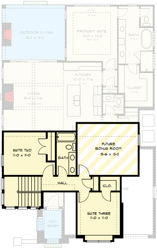 Plan 93236EL: Modern European Tudor House Plan with 3 Bedrooms and 1842 Square Feet - Floor Plan - Image #3 - European, Modern, Tudor