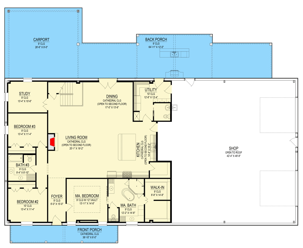 Plan 170022ADS: Spacious Three Bedroom Barndominium House Plan with Massive Workshop Space - Floor Plan - Main Level - Barndominium, Modern Farmhouse