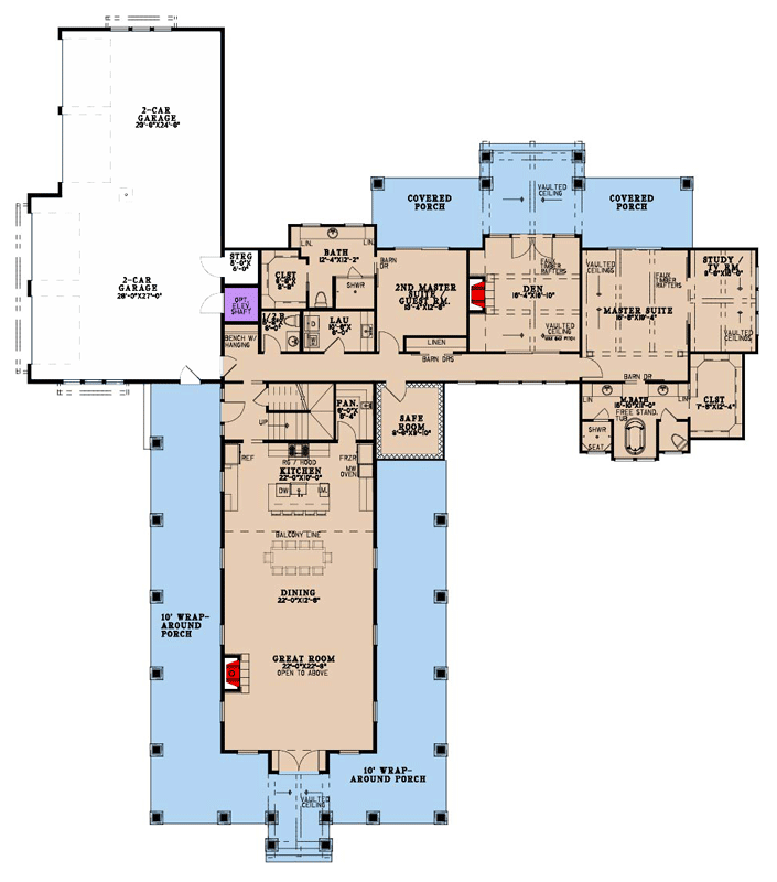 Plan 70970MK: Luxurious Farmhouse House Plan with Four Bedrooms and Wraparound Porch - Floor Plan - Main Level - Farmhouse, Rustic
