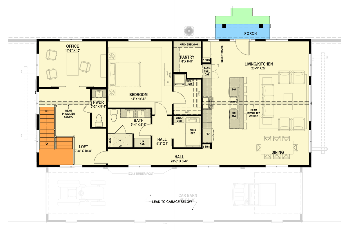 Plan 64571SC: Rustic Barn House Plan Featuring One Bedroom and Massive Six-Car Garage - Floor Plan - Main Level - Barndominium, Rustic