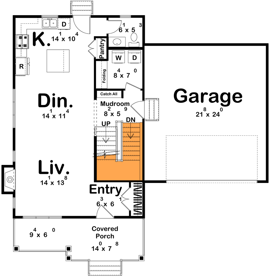 Plan 623652DJ:  Farmhouse House Plan with 3 Bedrooms and 2-Car Garage - Floor Plan - Basement Stairs Location - Farmhouse, Traditional
