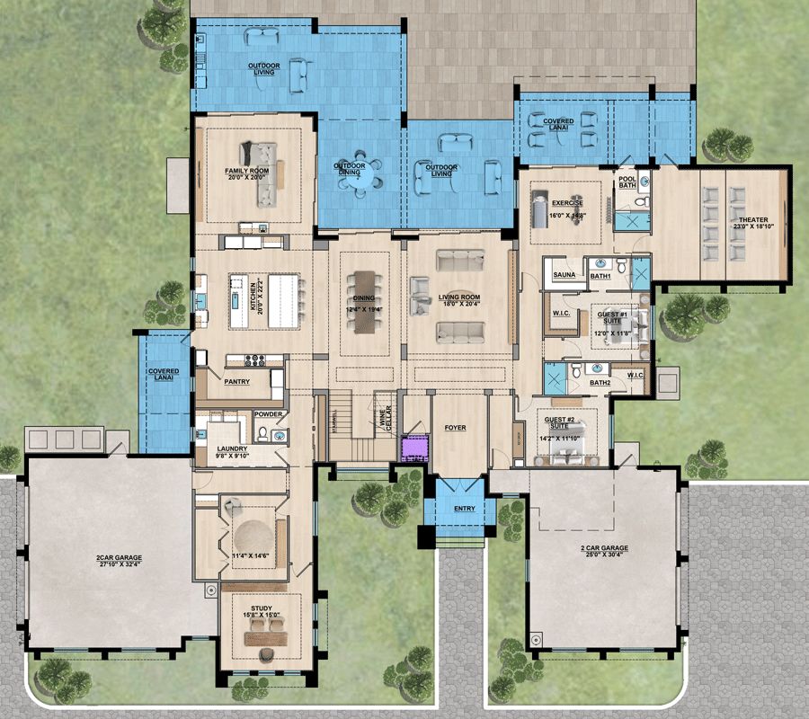 Plan 65760BS: Luxury Coastal Modern House Plan with 6 Bedrooms and Elevator - Floor Plan - Main Level - Coastal, Contemporary, Florida-Style, Modern