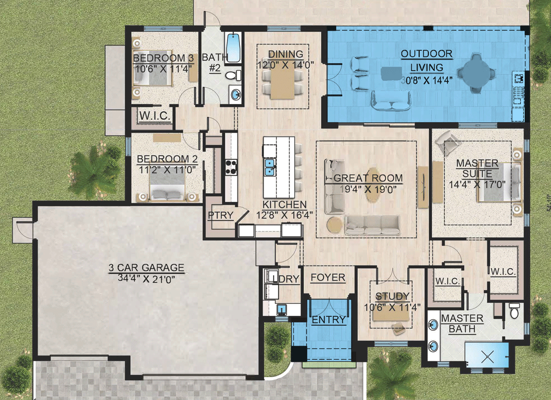 Plan 65768BS: Coastal Florida Style House Plan with Three Bedrooms and Study - Floor Plan - Image #5 - Coastal, Contemporary, Florida-Style, Modern