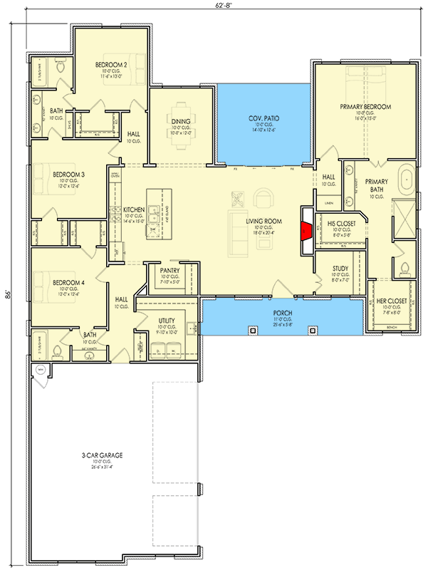 Plan 880011HLN: Elegant Modern Farmhouse House Plan with Four Bedrooms and Three-Car Garage - Floor Plan - Image #5 - Country, Farmhouse, New American, Southern