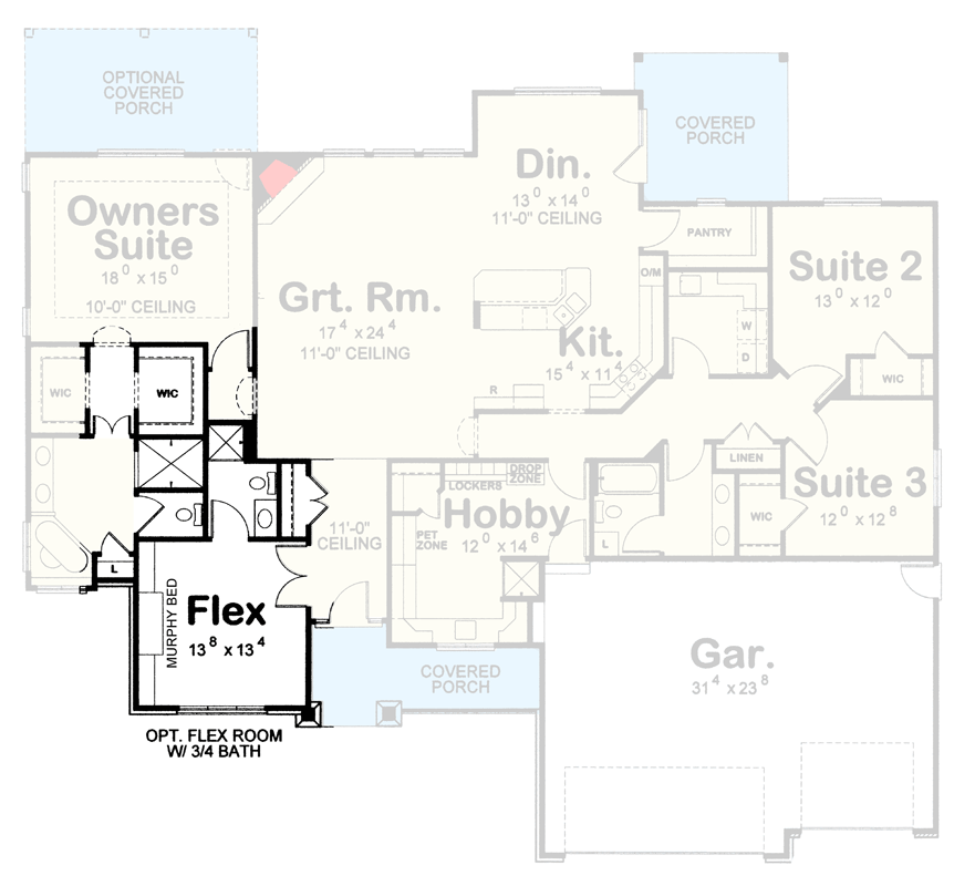 Plan 42765DB: Modern Craftsman House Plan with 3-Car Garage and Split Bedrooms - Floor Plan - Optional Flex Room - Craftsman, Modern Farmhouse, Ranch, Traditional