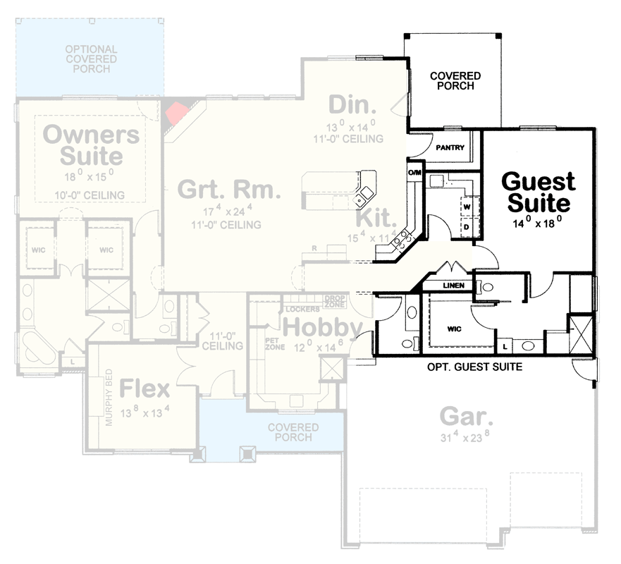 Plan 42765DB: Modern Craftsman House Plan with 3-Car Garage and Split Bedrooms - Floor Plan - Optional Guest Suite - Craftsman, Modern Farmhouse, Ranch, Traditional