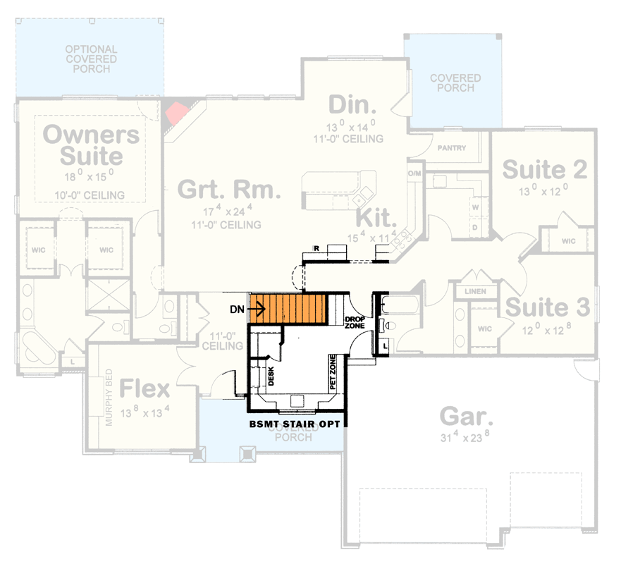 Plan 42765DB: Modern Craftsman House Plan with 3-Car Garage and Split Bedrooms - Floor Plan - Optional Basement Stairs - Craftsman, Modern Farmhouse, Ranch, Traditional